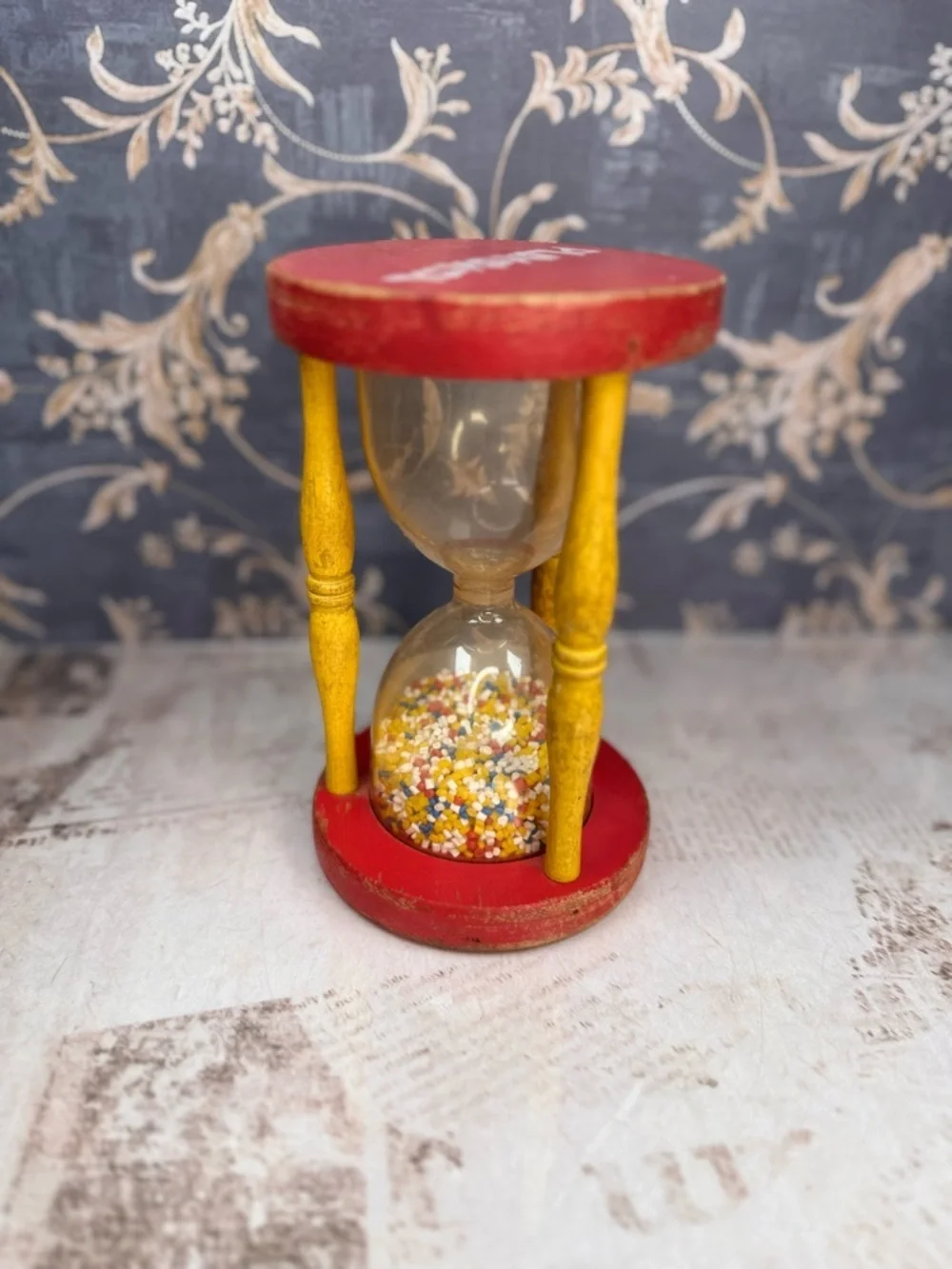 Vintage Playskool Wooden Hourglass Toy Sand Timer Red Yellow Wood